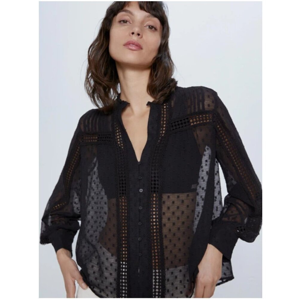 Zara Sheer Crochet ladder trim button down blouse